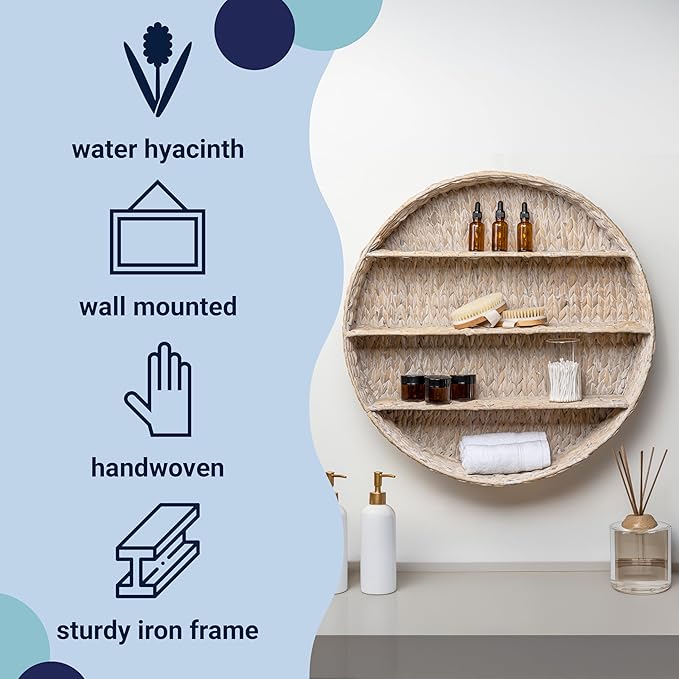 happimess WRK1000C Annulus 24.61" 3-Shelf Circular Handwoven Hyacinth Wall Rack, White Wash for Storage and Decoration in Bathroom, Bedroom, Living Room