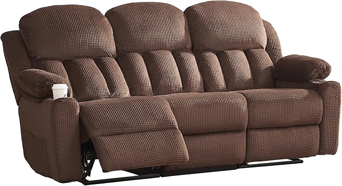 Jocisland Manual Recliner Couch, Reclining Sofa with Cup Holders, 3 Seater Reclining Couch with Dual Wingback, Comfy Recliner Sofas for Living Room(Brown)