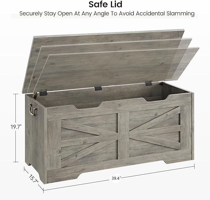 IDEALHOSUE 39.4" Storage Chest, Wooden Storage Bench with Safety Hinge, Retro Blanket Storage Trunk for Entryway, Living Room, Supports 350 lb, Gray