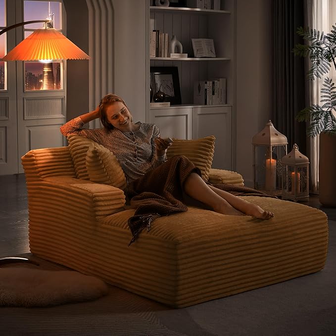 KEIKI 66" Oversized Chaise Lounge Chair, No Assembly Boneless Sleeper Style Lounger for Living Room, Plush Corduroy Upholstery, Deep Seat for Relaxing, Reading, Napping & Daily Home Comfort