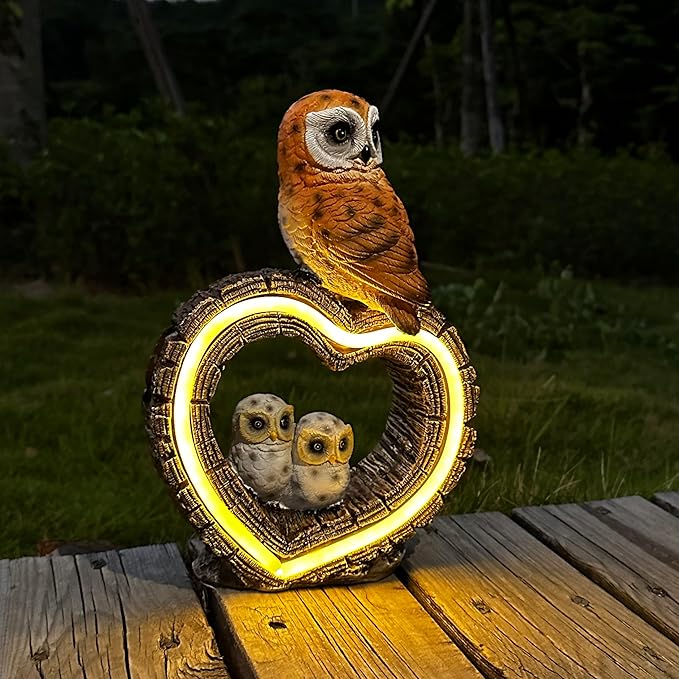 Solar Garden Owl Statue with Love Heart Light, Outdoor Decor for Yard Art Lawn Ornaments Porch Patio Balcony Home for Grandma Mom Women, with Dual Solar Panels Warm Garden Light