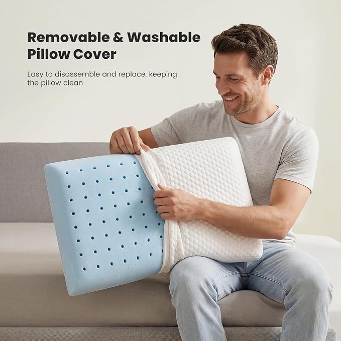 NEWBULIG Cooling Gel Memory Foam Pillow for Neck Pain Relief - Breathable Mesh with Washable Cover Standard Size Bed Pillows for Side & Back Sleepers, CertiPUR-US & Oeko-TEX Certified, 1 PCS, White