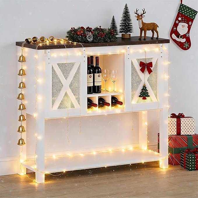 CABIHOME Coffee Bar Cabinet with Storage - Sliding Barn Door Kitchen Buffet, Wood Sideboard Console Cabinet with Wine Rack & Glass Holder for Living & Dining Room, White