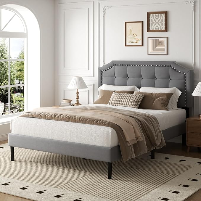 Queen Size Bed Frame, Queen Size Platform Bed Frame with Upholstered Button Tufted Headboard, Strong Wood Slats, No Box Spring Needed, Mattress Foundation, Easy Assembly Grey