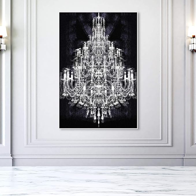 The Oliver Gal Artist Co. Fashion and Glam Framed Wall Art Canvas Prints 'Montecarlo Crystal' Chandeliers Home Décor, 36" x 54", White, Black