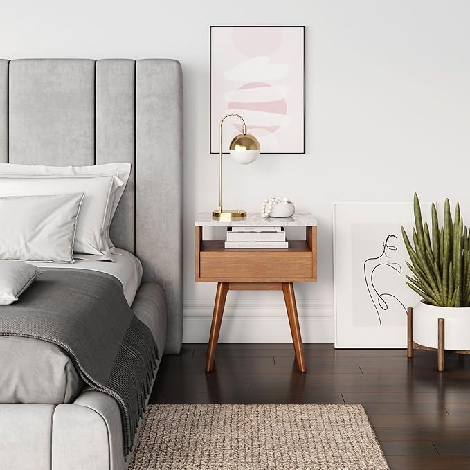 Nathan James Mid-Century Rectangle Accent Side or End Table Walnut Finish Wood and Faux Marble Top with Storage Nightstand, Frame, White/Brown