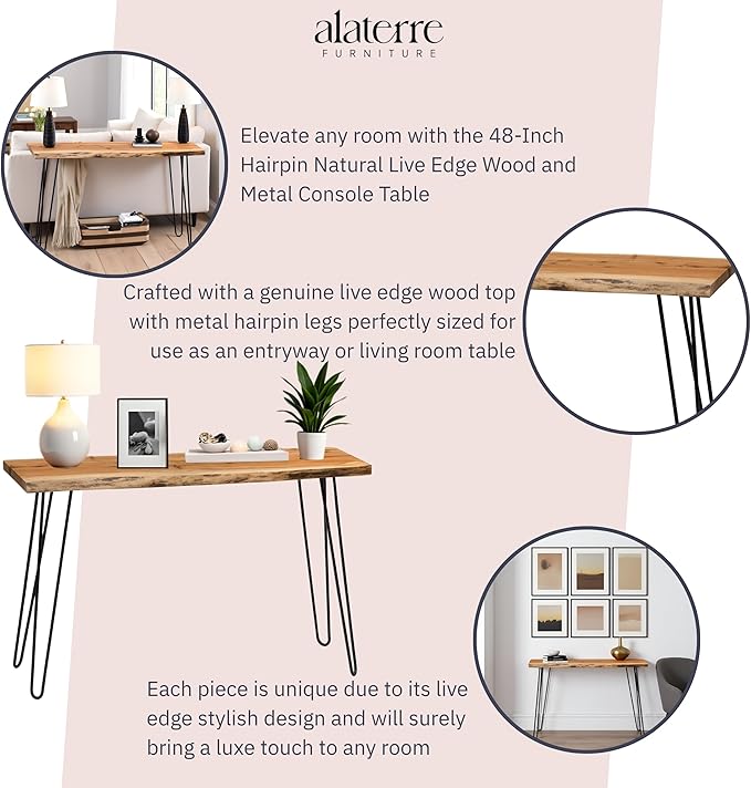 Alaterre Furniture Live Edge Wood Console Table with Hairpin Metal Legs – Rustic Solid Wood Sofa Table, Narrow Entryway Hallway Table, Industrial Farmhouse Media Console for Living Room (48 Inch)