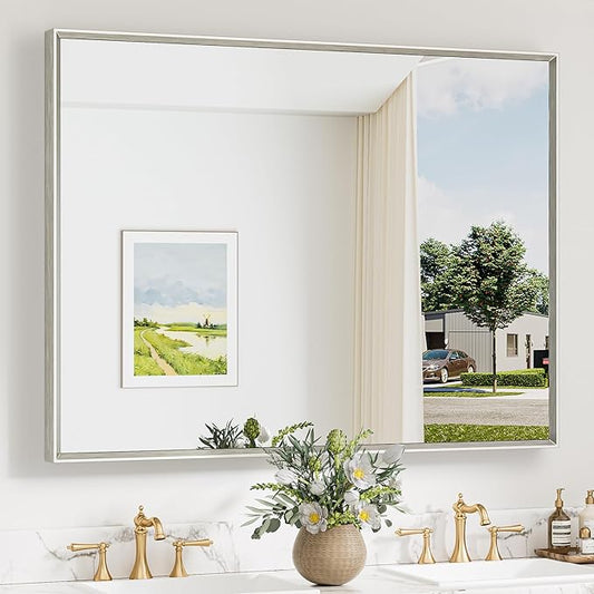 Keonjinn 48 x 36 Inch Brushed Nickel Bathroom Mirrors for Over Sink, Beveled Rectangle Framed Mirrors for Wall, Farmhouse Bathroom Vanity Mirror, Tempered Glass, Square Corner