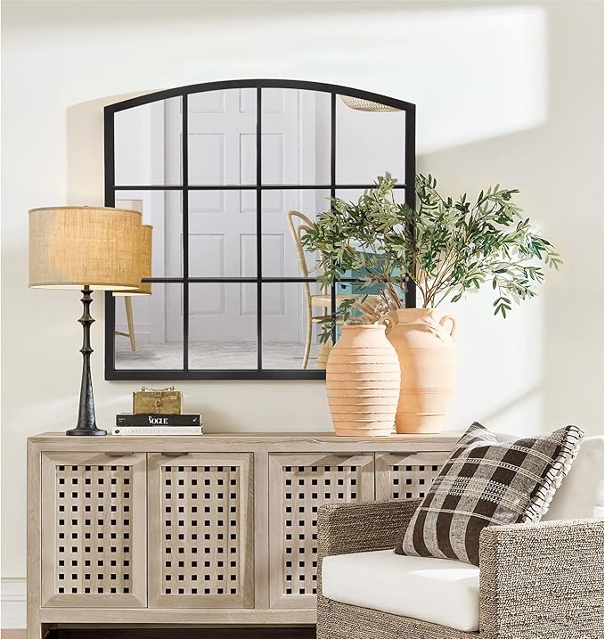 36 Inch Arched Window Mirror, Matte Black Metal Frame Decorative Mirror, Grid Wall Mirrors for Living Room, Bedroom, Entryway