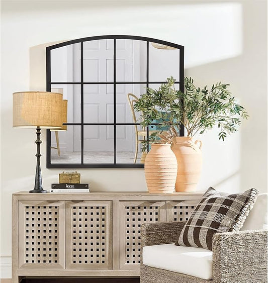 36 Inch Arched Window Mirror, Matte Black Metal Frame Decorative Mirror, Grid Wall Mirrors for Living Room, Bedroom, Entryway