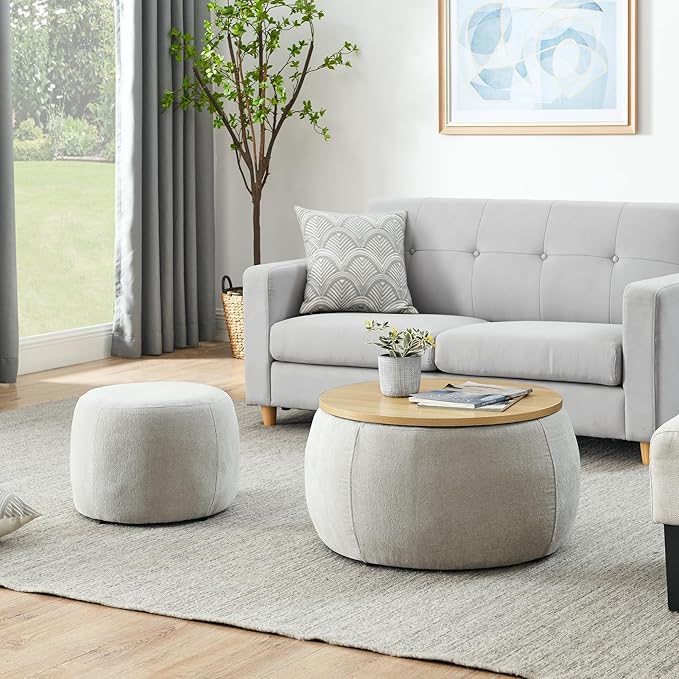 Ball & Cast Round Upholstered Storage-Ottoman Set with Wood Tray, Large Storage Coffee Table w/Footstool & Removable Lid, Dia 25" Padded Bench & End Side-Table for Living Bedroom, Light Grey