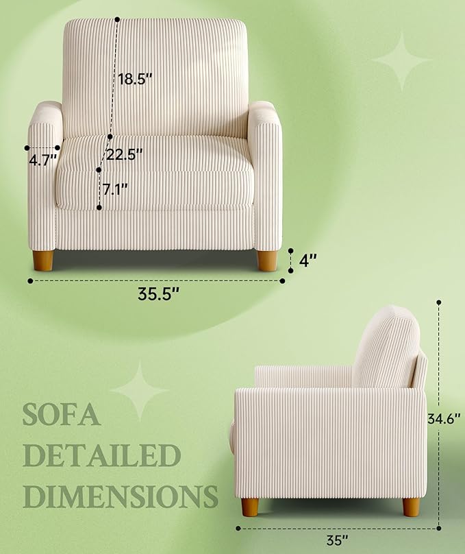 Welzona 35.3" Couches for Living Room, Comfy Beige Couch Single with 22.5" Deeper Seat, Accent Chair Tool-Free Setup, Reading Chair 440lbs Support, Corduroy Couch for Bedroom, Apartment, Office