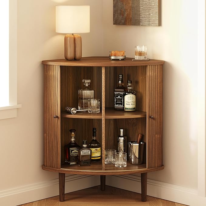 WERMO 30'' Corner Bar Cabinet with Sliding Doors - Angled Corner Cabinet Kitchen, Small Corner-Fitting Coffee and Wine Bar Sideboard Buffet for Kitchen, Dining Room, Living Room, Home Office (Walnut)