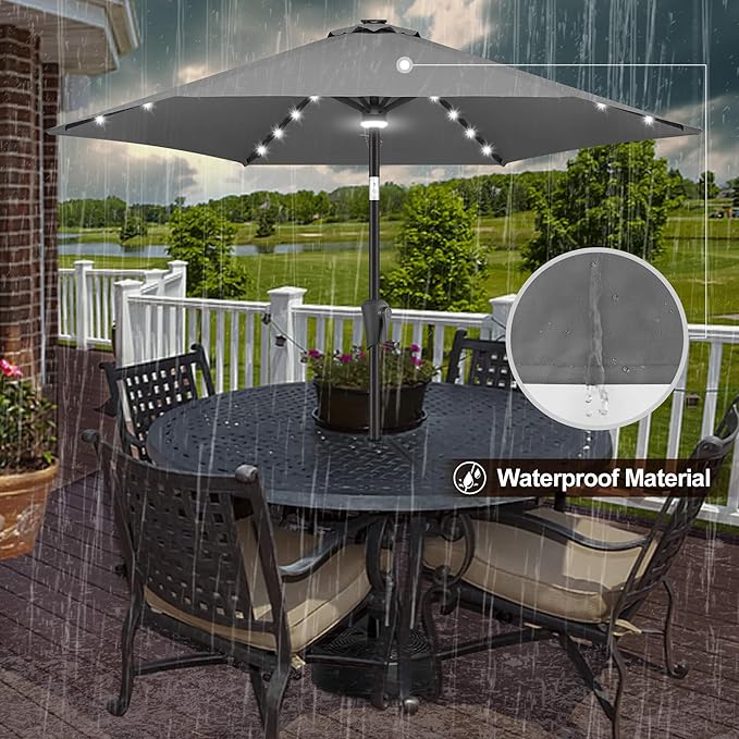 FLAME&SHADE 7.5 FT Solar Light Patio Umbrella, 24 LED Lights Outdoor Umbrella with Centre Surround Light, Table Umbrella Outdoor Patio for Deck, Pool, Backyard, Garden, UV Protection (Anthracite)