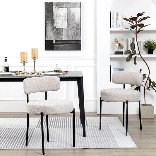 DYHOME Light Grey Boucle Dining Chairs Set of 2, Mid Century Modern Upholstered Kitchen Chairs with Curved Backrest and Black Metal Legs