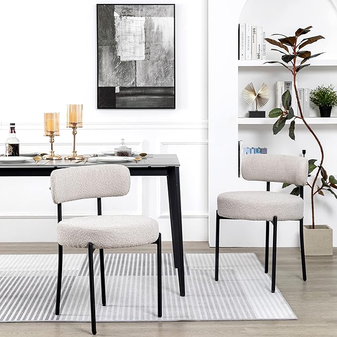 DYHOME Light Grey Boucle Dining Chairs Set of 6, Mid Century Modern Upholstered Kitchen Chairs with Metal Legs, Round Modern Dining Room Chairs