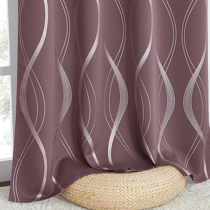 NICETOWN Dry Rose Blackout Curtain Panels 84 for Living Room and Bedroom 2 Panels, 52 x 84, Noise Reducing Thermal Insulated Wave Line Foil Print Design Window Treatments for Patio Sliding Glass Door