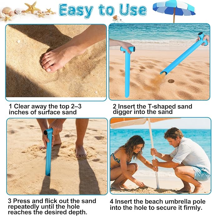 Stainless Steel Sand Digger Tool,T Bar Sand Gopher Tool Beach Umbrella Hole Maker for 15” Holes Heavy Duty Auger Alternative Necessary Beach Accessories