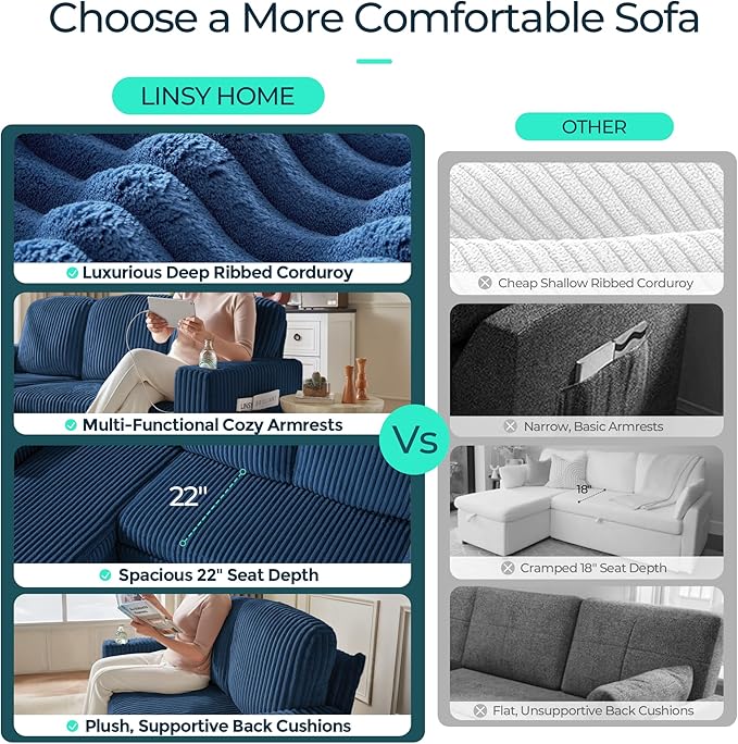 LINSY HOME Sectional Sleeper Sofa Pull Out Couches for Living Room (Blue, Sleeper Sofa 3) | Pull Out Sofa Bed, Storage, USB Charging, Cup Holders, Plush Corduroy | Pull Out Sofa Bed, Storage, USB Charging, Cup Holders, Plush Corduroy