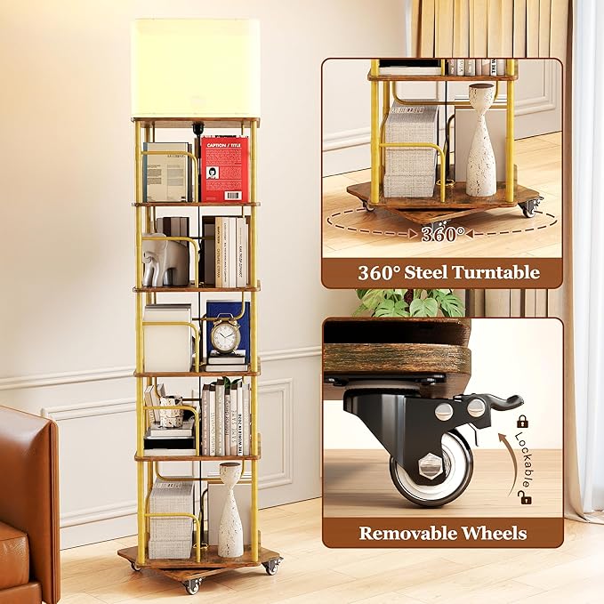 5 Tier Rotating Bookshelf with LED Light 360° Swivel Bookcase with Wheels Space-Saving Tall Corner Shelf Square Floor Standing Shelf Metal and Wood Bookshelves for Bedroom Living Room Office