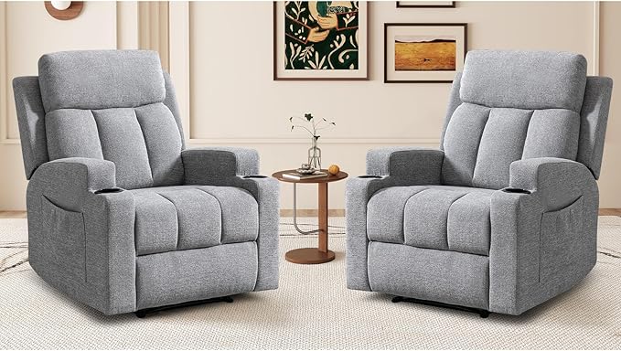 CANMOV Manual Massage Heat Recliner Chair Set of 2,Soft Fabric Recliner Chair with Overstuffed Arm and Back, Manual Reclining Single Sofa with 2 Cup Holders, Side Pocket for Living Room,Grey