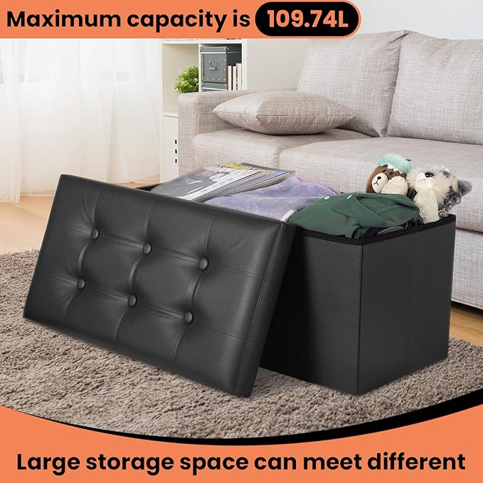COSYLAND Ottoman Bench with Storage - 30x15x15in Folding Leather Ottoman, Rectangle Foot Stool Foldable Storage Chest Footrest Footstool Collapsible with Lid for Bedroom Living Room Black