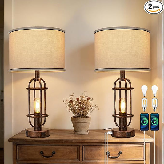 Table Lamps for Living Room Set of 2, 22.3" Farmhouse Lamps for Nightstand, Industrial Table Lamps for Bedroom with USB Ports, Retro Bronze