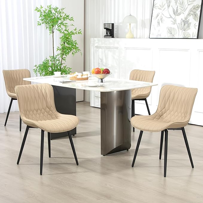Finnhomy Dining Chairs Set of 2, Mid-Century Modern Upholstered Dining Chairs, Armless Faux Leather Accent Chairs with Backrest, Living Dining Room Chairs with Metal Legs for Dining Room, Khaki
