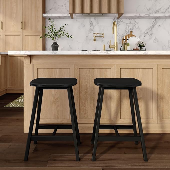 Plank+Beam Beryl Counter Height Stool - Mid-Century Modern Rubberwood Bar Stool with Faux Leather Seat, Metal Footrest, Easy Assembly, 4-Pack, Black/Black