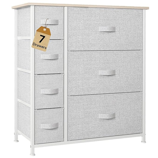 DWVO Dresser for Bedroom, 7 Drawers Fabric Dresser, Organizer Unit for Living Room, Hallway, Closets - Sturdy Steel Frame, Wooden Top & Easy Pull Fabric Bins, Light Gray