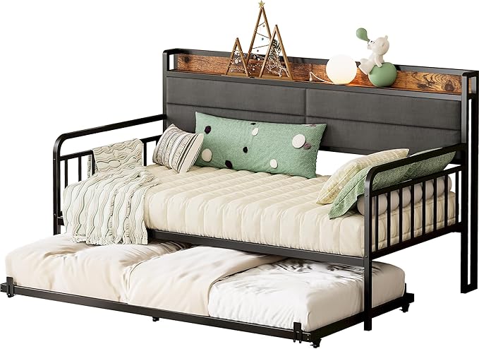 LIKIMIO Daybed with Trundle, Sturdy Metal Twin XL Size Bed Frame with Upholstered Headboard and Charging Station for Living Room, Bedroom and Guest Room, Black