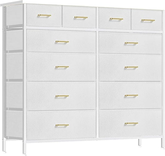 Chest of Drawers for Bedroom with 12 Deep Drawers Tall Fabric Dresser, Storage Cabinet for Closet, Nursery, Bedside, Living Room, Entryway, Hallway (White)