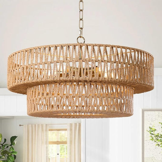 LamQee 22 Inch Farmhouse Rattan Chandeliers, 5 Lights Boho Chandelier Light Fixture with Hand Woven Wicker Shade, Large Rattan Pendant Lights Ceiling Hanging Lighting for Dining Room Kitchen Island
