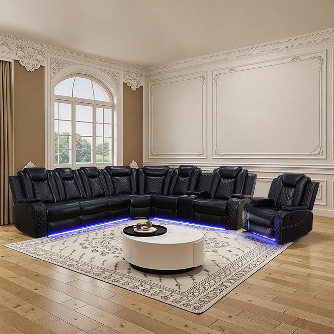 Power Recliner Sectional Sofa Set for Living Room, Leather Recliner Sofa Sets, L-Shaped Corner Sectional Couch Sets with LED Lights, Console Storage(Sectional and Chair,Black)