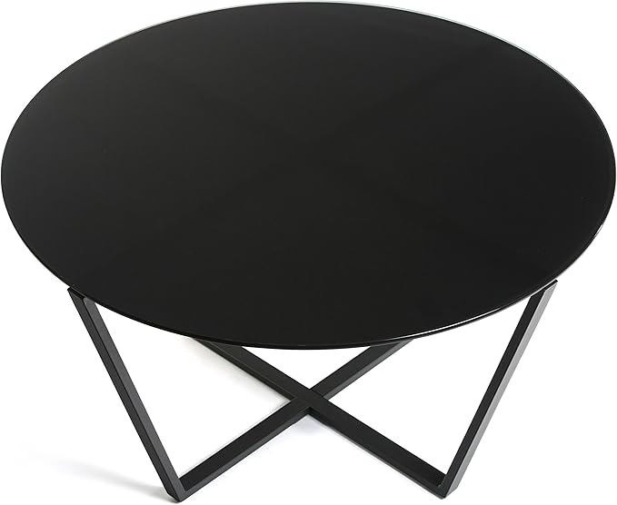 Mango Steam Round Metro Glass Coffee Table for Living Room & Dining Room - Black Top/Black Base