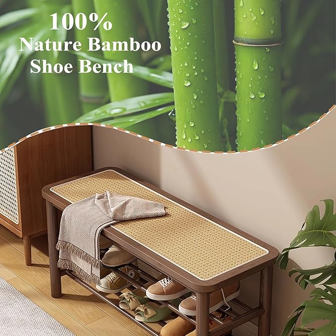 Bamboo Shoe Rack Bench with Rattan Seat, 3-Tier Shoe Storage Bench, Entryway Bench for Hallway Walnut-23.62 inches