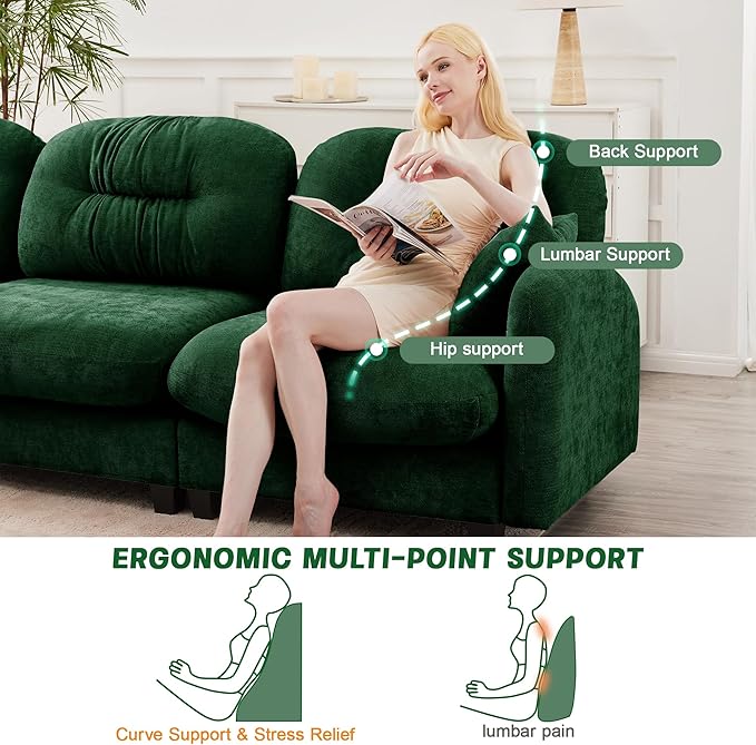 KEIKI 140" U-Shaped Oversized Chenille Modular Sectional Sofa with 2 Ottoman, High-Density Foam Cushions, Tufted Pleated Cushion Backrest, Modern 4-Seater Couch with 2 Pillow, for Living Room, Green