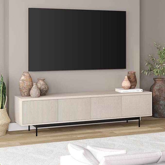Henn&Hart Fluted TV Stand for TVs up to 85" with 2 Open-Concept Ribbed Storage Cabinets for Living Room, Family Room, or Office, Beech White