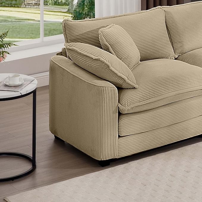 KEIKI 3-Piece Sofa Set with 1 Oversized Corduroy 3-Seater Sofa & 1 Loveseat & 1 Single Sofa, Upholstered 6-Seater Couch Set with 10 Pillow, High-Density Foam Cushions, for Living Room, Tan