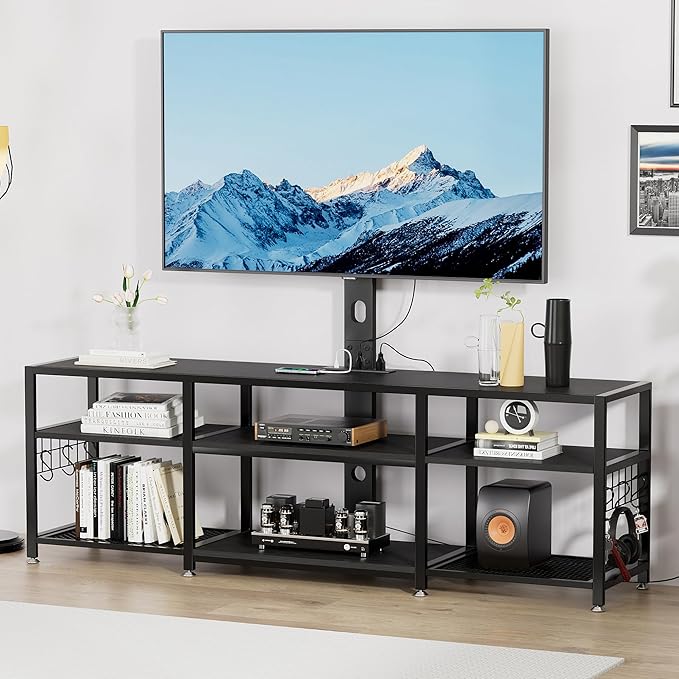 VECELO TV Stand with Mount and Power Outlet, Height Adjustable Entertainment Center with Storage Shelves for 32/55/65/70/75 inches Televisions, Console Table for Living Room, Bedroom, Matte Black
