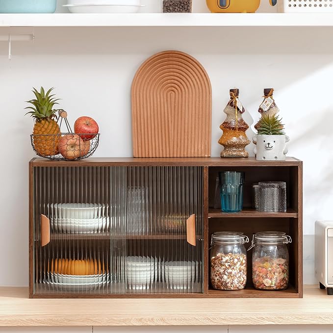 HollyHOME Bamboo Wall Mounted Kitchen Sideboard with 2 Glass Doors and Adjustable Shelves, Freestanding Wall Storage Cabinet with Side Shelf for Bottle, Dish, Bowl, Console Dining Cupboard, Walnut