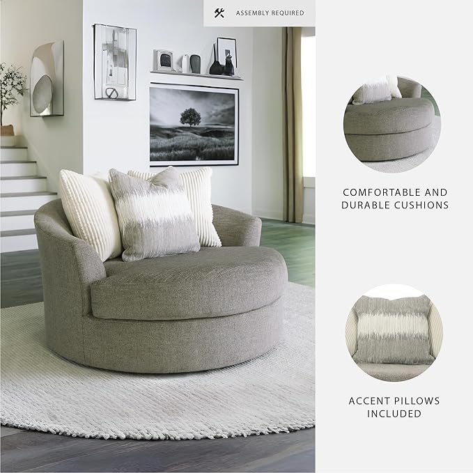 Signature Design by Ashley Creswell Transitional Round Upholstered Oversized Swivel Accent Chair, Gray