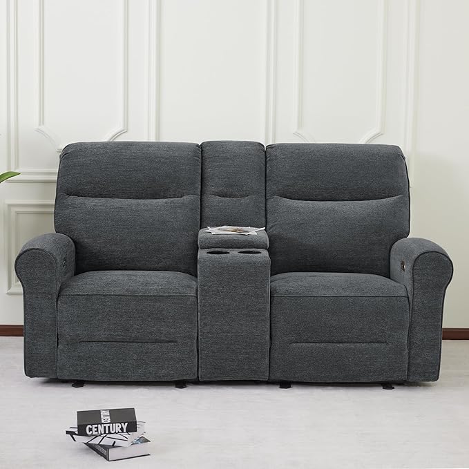 MCombo 78.3" Wall Hugger Power Loveseat Recliner Sofa with Console, Reclining Loveseat with USB Ports, Cup Holders, for Small Spaces Living Room RV, Fabric PR635M2 (Dark Grey)