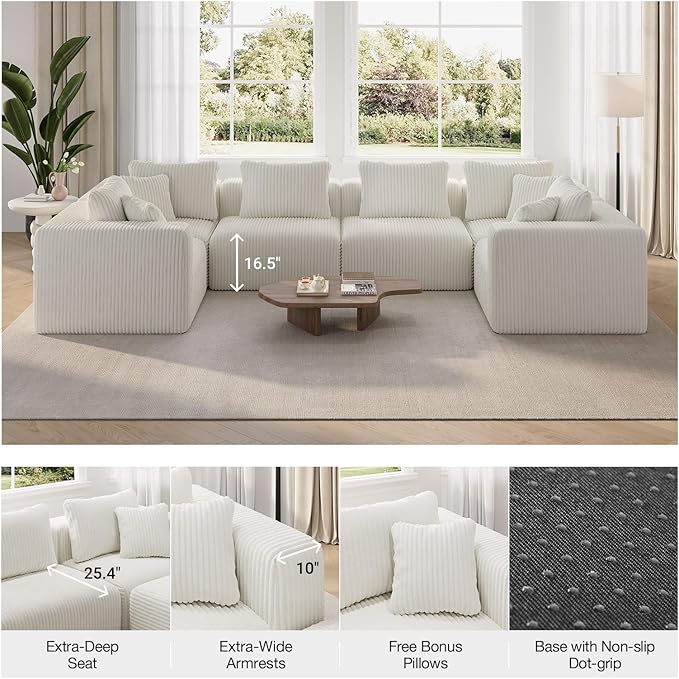 Novilla 106" Modular Sectional Sofa, Modern Cloud Sectional Couch with Smarts Coil® Support, U-Shape Boneless Couch for Living Room Apartments, No Assembly Required, Beige (3 Seat w/ 2 Ottoman)