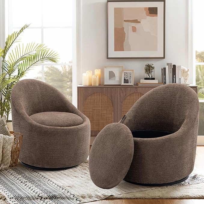 COLAMY Swivel Accent Chair, 360° Swivel Chair with Hidden Storage, Modern Small Barrel Swivel Armchair for Living Room/Bedroom, Brown