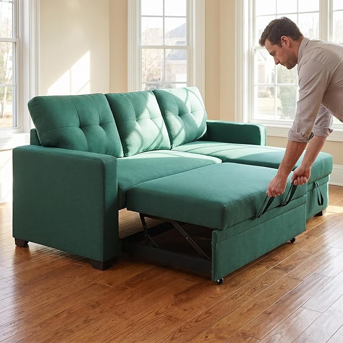 Pull Out Couch, L Shaped Sectional Couch with Pull Out Bed, Convertible Sofa Bed with Storage Chaise, Twin Size Sleeper Sofa, Sofa Bed Couch, Sleeper Sofa with Storage, Green
