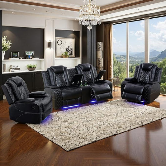 Power Leather Recliner Sofa Set with LED Light,Reclining Loveseat and 2*Chairs Set with Storage Console/USB Port/Cup Holder,Leather Couch for Living Room Furniture Sets(2+1+1 Seats,Black)