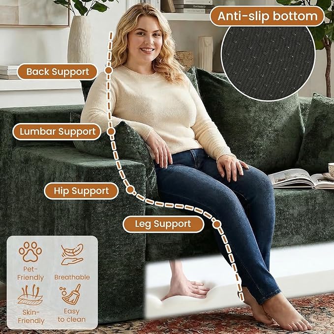 Convertible Sofa Bed, 5 in 1 Small Boneless Couch Pull Out Loveseat Sleeper Sofa,Corduroy Futon Couch Folding Mattress with 4 Pillows for Living Room (Green, Loveseat(Silky Velvet))