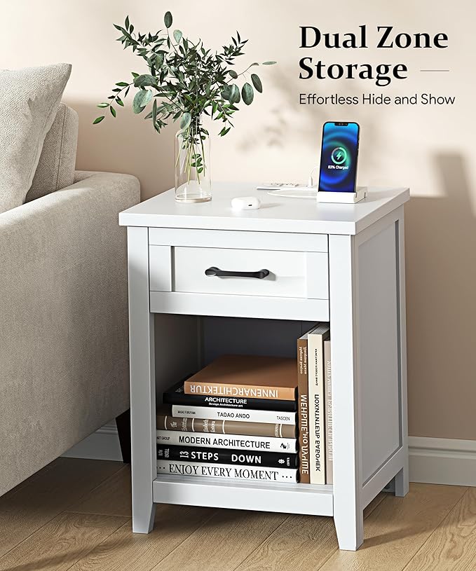 Farmhouse Nightstand with Charging Station & Large Storage, Set of 2 Modern End Tables with Outlets, USB Ports and Type-C Ports, Easy Assembly for Bedroom (Pure White)