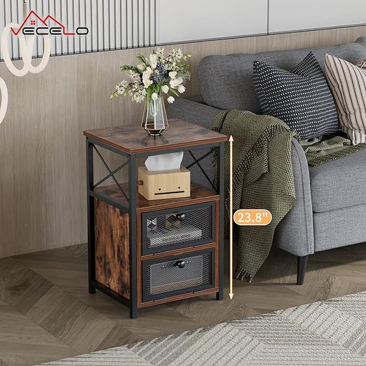 VECELO End Side Table, Modern Night Stand with Storage Space and Door, Set of 2 Nightstands for Living Room,Bedroom,Lounge, Rustic Brown